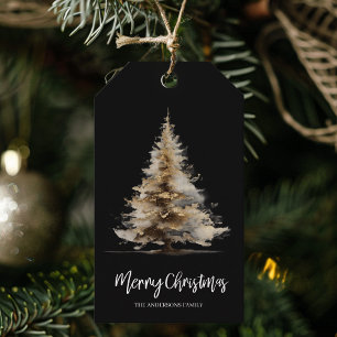 Etiqueta Para Presente Árvore de Natal em Aquarela Preta Elegante