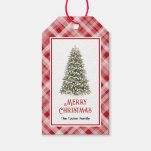 Etiqueta Para Presente Árvore de Natal em Aquarela Xadrez Vermelho de Nat