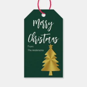 Etiqueta Para Presente Árvore de Natal Escura Verde e Dourada Nome