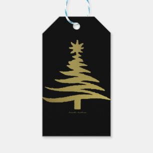 Etiqueta Para Presente Árvore de Natal Estêncil Dourado em Preto