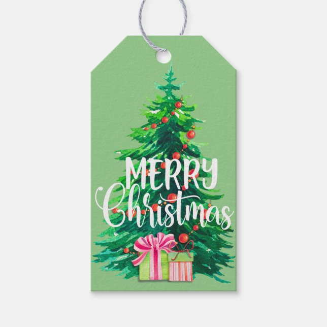 Etiqueta Para Presente Árvore de Natal Merry Personalizada (Frente)