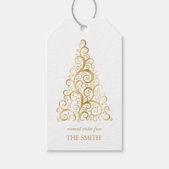 Etiqueta Para Presente Árvore de Natal ouro, Feliz Natal (Frente)