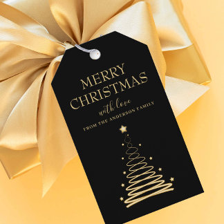 Etiqueta Para Presente Árvore de Natal Preta Dourada Elegante Personaliza