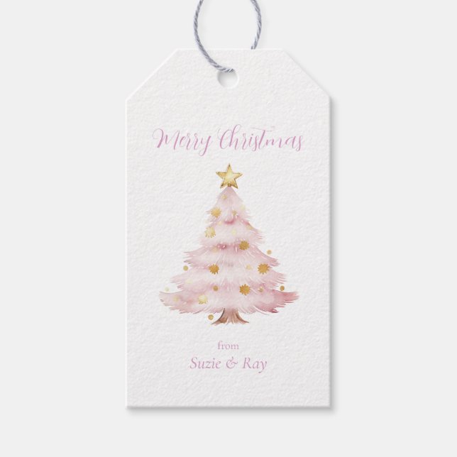 Etiqueta Para Presente Árvore de Natal rosa - Estrelas Douradas (Frente)