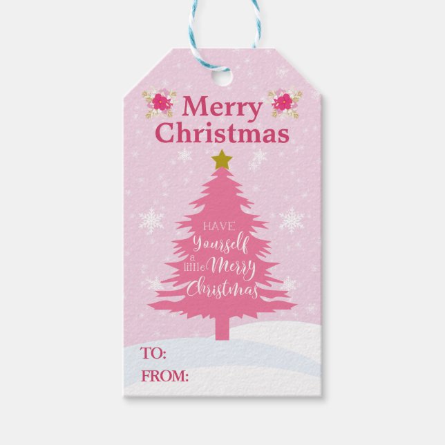 Etiqueta Para Presente Árvore de Natal Rosa Festiva (Frente)