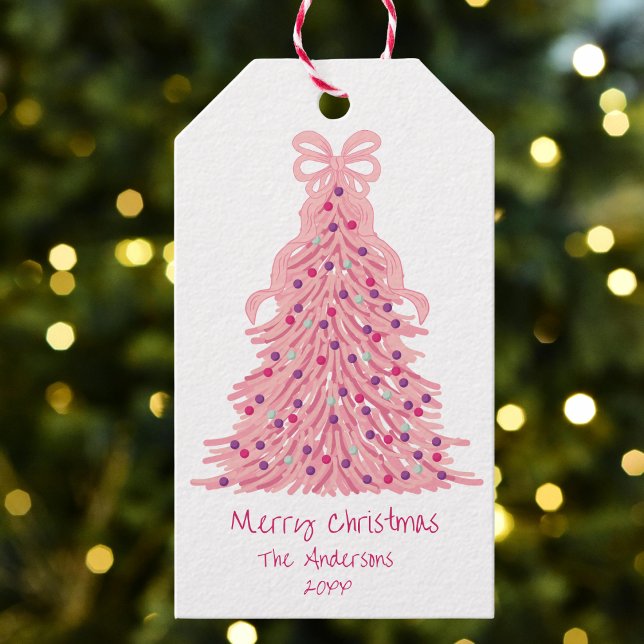 Etiqueta Para Presente Árvore de Natal Rosa Laço Rosa (Criador carregado)