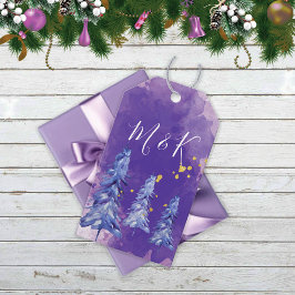 Etiqueta Para Presente Árvore de Natal Roxa Flocos de Neve Dourados
