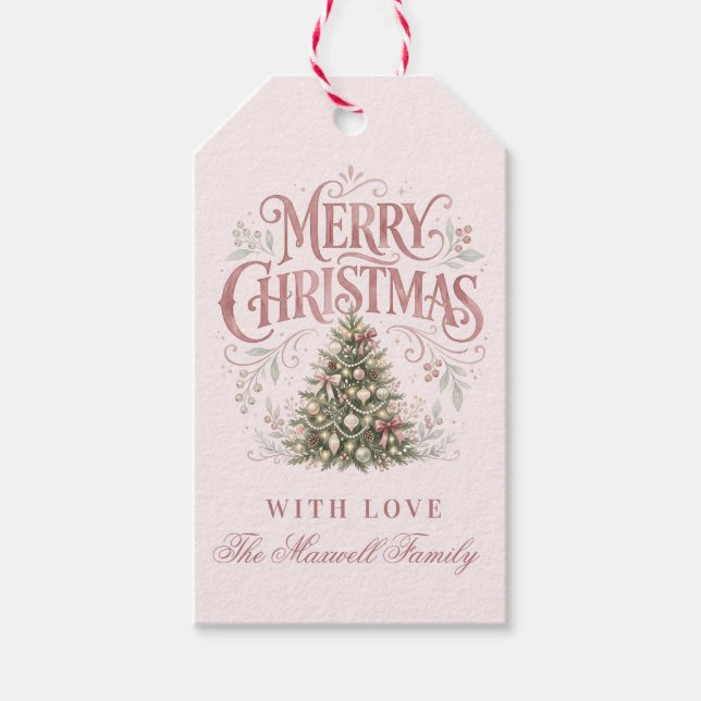 Etiqueta Para Presente Árvore de Natal Tradicional Rosa | Pinkmas (Frente)