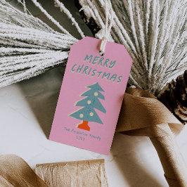 Etiqueta Para Presente Árvore de Natal Verde Azul Desenhada à Mão Funky