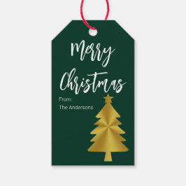 Etiqueta Para Presente Árvore Feliz de Natal Verde Escuro e Nome Dourado