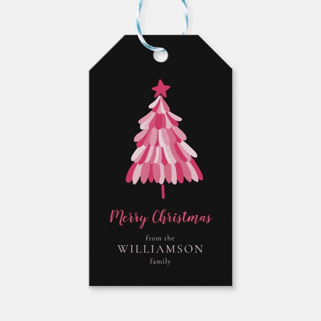 Etiqueta Para Presente Árvore Rosa de Natal Feliz, moderna (Frente)
