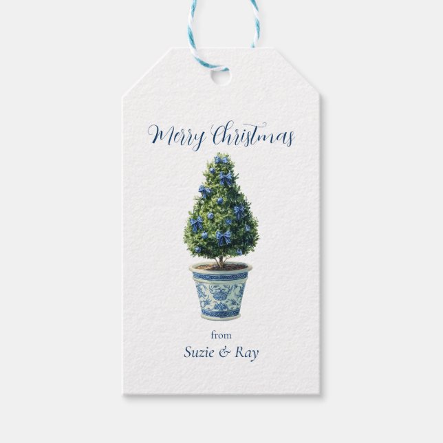Etiqueta Para Presente Árvore Topiária de Natal em Chinoiserie (Frente)