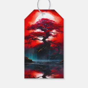 Etiqueta Para Presente Árvore Vermelha Mística Sob Lua Cheia