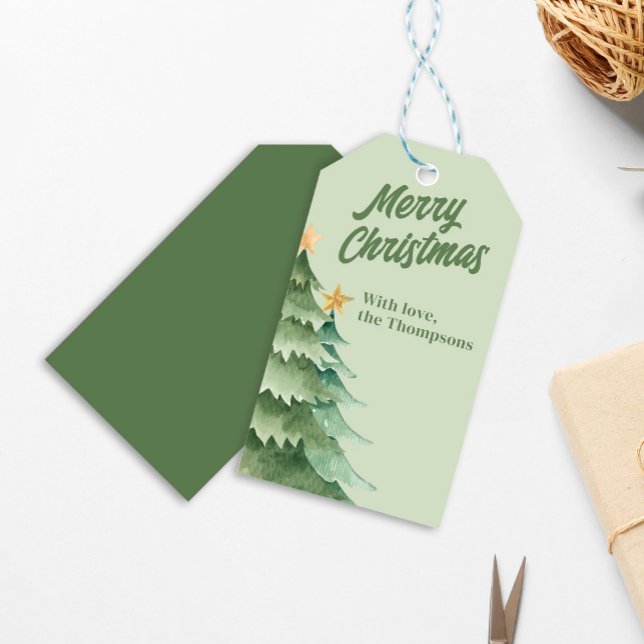 Etiqueta Para Presente Árvores de Natal Aquarela Verde Personalizada (Merry Christmas festive green Christmas trees gift tag. )
