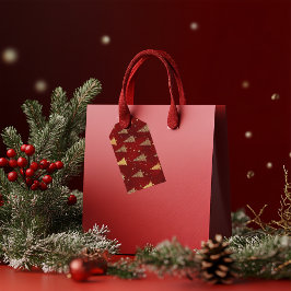 Etiqueta Para Presente Árvores de Natal Douradas Festivas em Vermelho