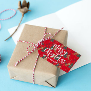 Etiqueta Para Presente Árvores de Natal e tigres padrão de fundo vermelho