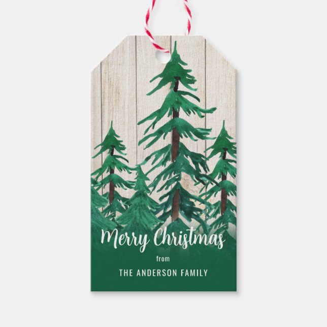 Etiqueta Para Presente Árvores de Natal em Aquarela Rústica (Frente)