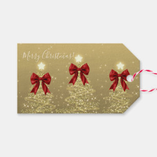 Etiqueta Para Presente Árvores de Natal em Ouro com Laços Vermelhos