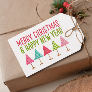 Etiqueta Para Presente Árvores de Natal Feitas à Mão, Design Rosa Vermelh