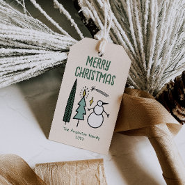 Etiqueta Para Presente Árvores de Natal Verdes Pintadas à Mão e Boneco de