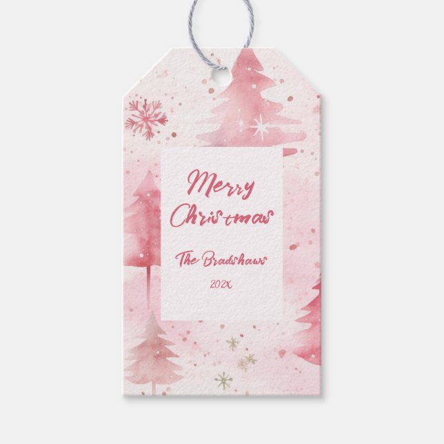 Etiqueta Para Presente Árvores de Pinheiro Natal Rosa (Frente)