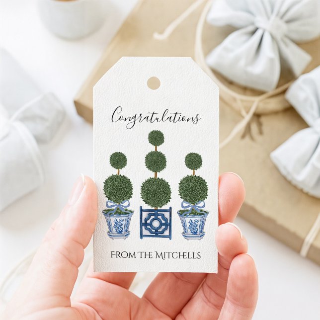 Etiqueta Para Presente Árvores Topiárias Chinoiserie com Laço Azul  (Topiary Trio Gift Tag)