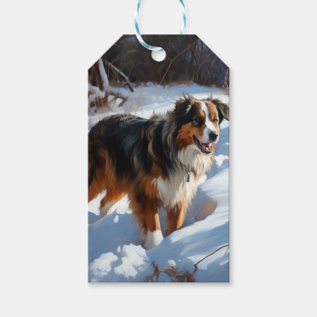 Etiqueta Para Presente Australian Shepherd Deixe Cair a Neve Natal (Frente)