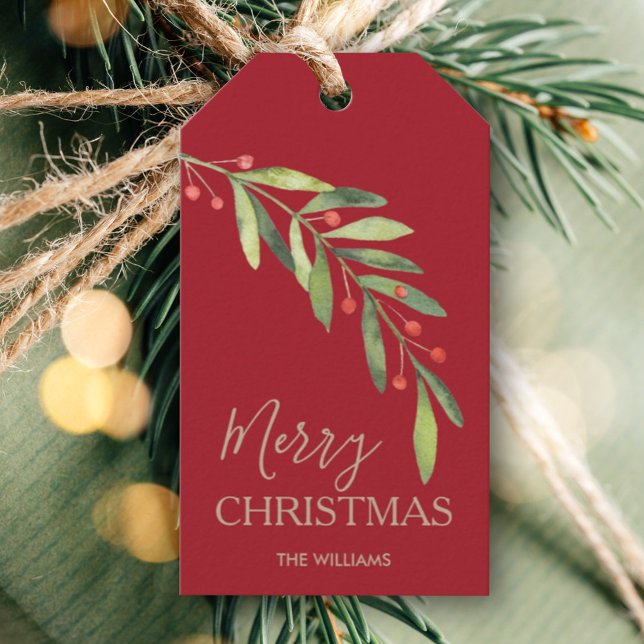 Etiqueta Para Presente Azevinho e Frutas Vermelhas Natal Feliz (Greenery branch and berries Merry Christmas red gift/favor tags personalized with your names)