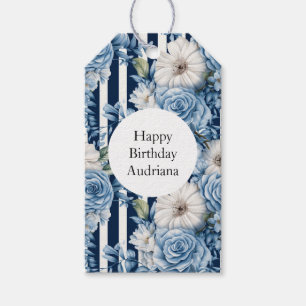 Etiqueta Para Presente Azul Branco Stripes Floral Aniversário