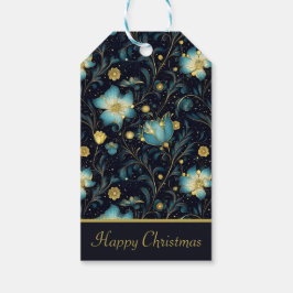 Etiqueta Para Presente Azul Elegante e Dourado Floral Personalizado Natal