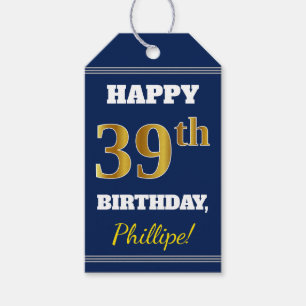 Etiqueta Para Presente Azul, Faux Dourado 39 Aniversário + Nome Personal