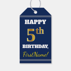 Etiqueta Para Presente Azul, Faux Dourado 5 Aniversário + Nome Personali