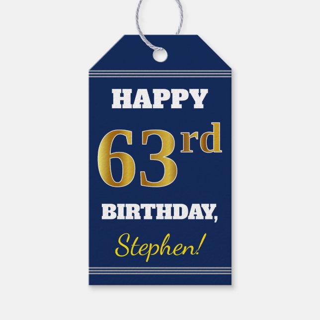 Etiqueta Para Presente Azul, Faux Dourado 63º Aniversário + Nome Personal (Frente)
