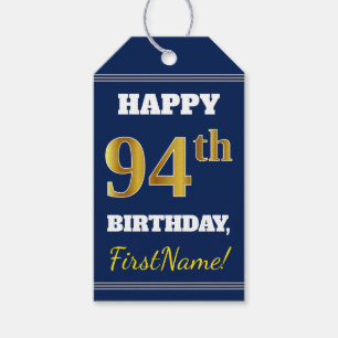 Etiqueta Para Presente Azul, Faux Dourado 94º aniversário + Nome Person