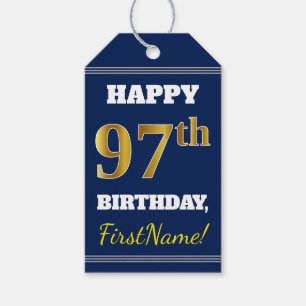 Etiqueta Para Presente Azul, Faux Dourado 97º aniversário + Nome Person