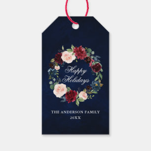 Etiqueta Para Presente Azul floral da grinalda da aguarela boas festas