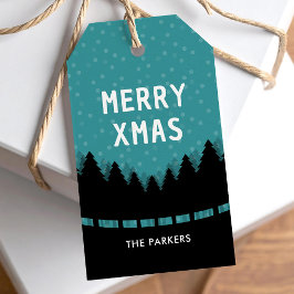 Etiqueta Para Presente Azul retro Feliz Natal com pinheiros e neve