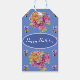 Etiqueta Para Presente Azul-Rosa Floral cor-de-rosa-Shabby