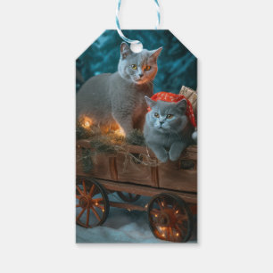 Etiqueta Para Presente Azul Russo Gato Snowy Sleigh Decência de Natal