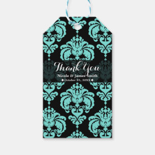 Etiqueta Para Presente Azul Teal Preto Damasco Vintage Favor de Evento de
