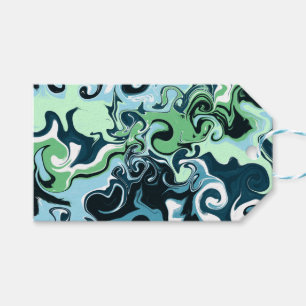 Etiqueta Para Presente Azul, Verde e Branco turbilhões Abstrato Fluid Art