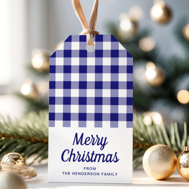 Etiqueta Para Presente Azul Xadrez Script Feliz Natal (Blue Plaid Script Merry Christmas Gift Tags)