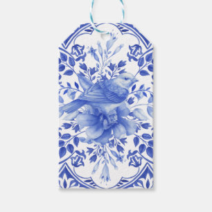 Etiqueta Para Presente Azulejo azul e branco com pássaro 