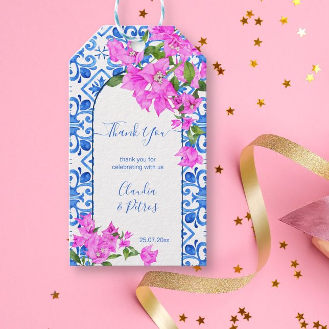 Etiqueta Para Presente Azulejos azuis e obrigado elegante Bougainvillea (Criador carregado)