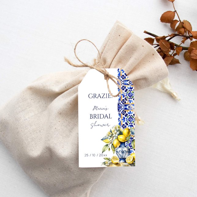 Etiqueta Para Presente Azulejos azuis italianos limões obrigado favor (Amalfi Italian Vietri ceramics blue tiles lemons bridal shower thank you favor Gift Tags )