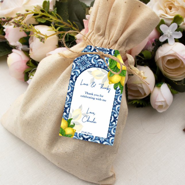 Etiqueta Para Presente Azulejos azuis limão obrigado Amalfi (Blue tiles lemon Amalfi bridal shower thank you Gift Tags)