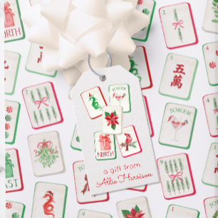 Etiqueta Para Presente Azulejos de Natal Vermelhos e Verdes de Mahjong em
