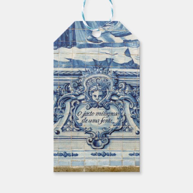Etiqueta Para Presente Azulejos de paredes brancas e azuis portuguesas co (Frente)