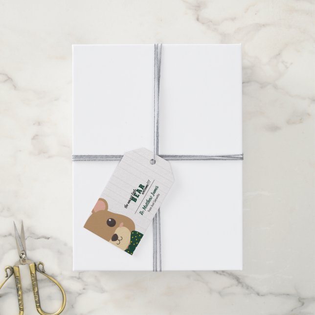 Etiqueta Para Presente Baby Boy Bear Verde e Dourado (Com cordão)