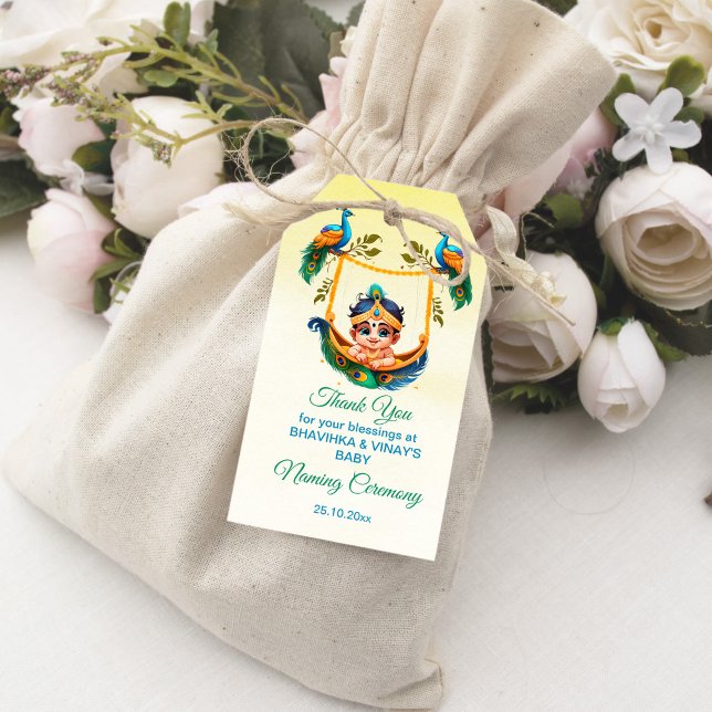 Etiqueta Para Presente Baby Krishna Naming Namkaran Cradle presente (Baby Krishna baby naming cradle namkarana ceremony favor gift tags cute baby Krishna peacocks faor)